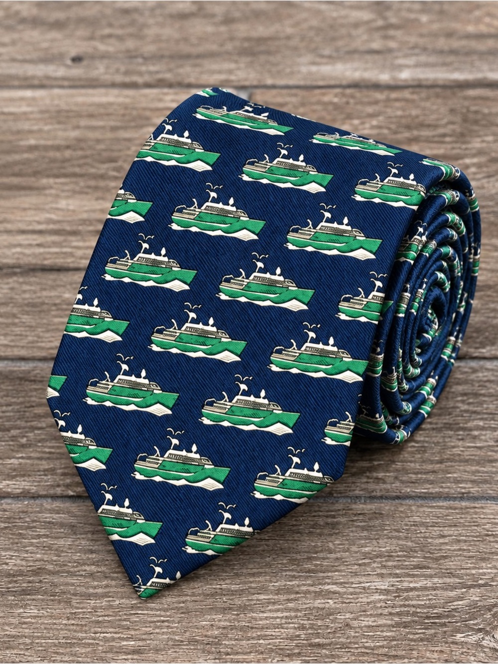 Vineyard Vines Navy Green Boat Pattern Men's Silk Tie